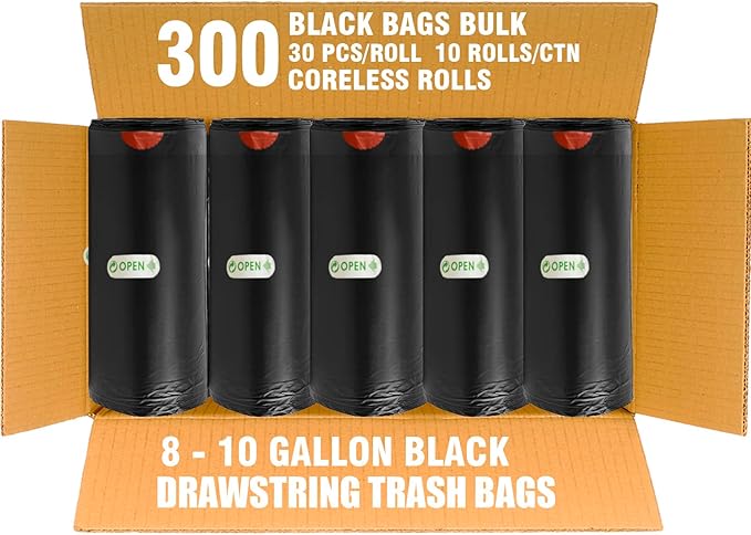 8-10 Gallon Trash Bags Drawstring, 300 Count Bulk, Black & Unscented Multi-purpose Garbage Bags for Business Home Bathroom Kitchen Commercial and Industrial