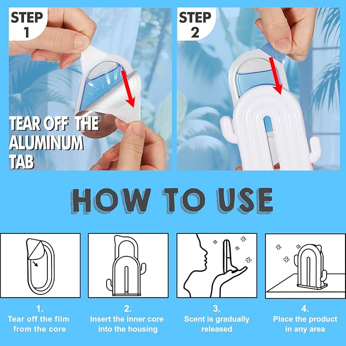 Air Freshener for Home, 2 Pack, 2 Refill, Ocean Scent, Odor Eliminator, Up to 120 Days, Cactus-shaped Freshener for Closet Bathroom, Cute Home Decor, White and Green