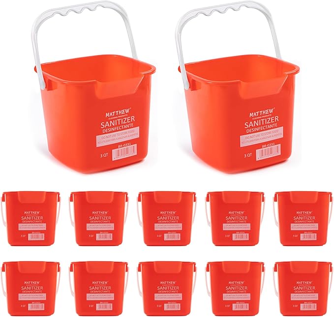Matthew Detergent&Sanitizing Cleaning Bucket 3 Quart Plastic Pail,Set of 12 Square Containers,Built-in Spout w/Handle,Wash Rinse Sanitize Handwash Bucket for Home Office Commercial Restaurant (Red)