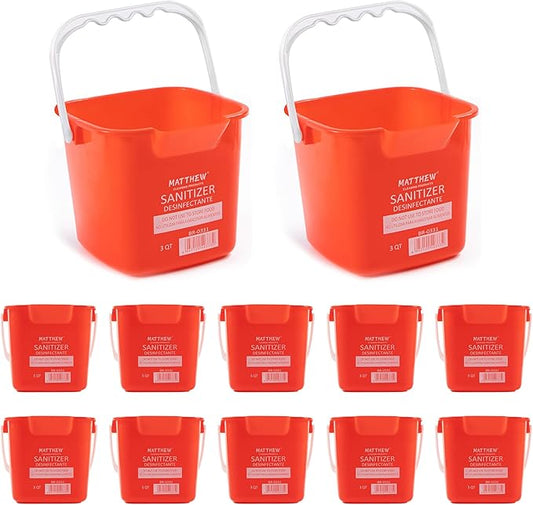 Matthew Detergent&Sanitizing Cleaning Bucket 3 Quart Plastic Pail,Set of 12 Square Containers,Built-in Spout w/Handle,Wash Rinse Sanitize Handwash Bucket for Home Office Commercial Restaurant (Red)