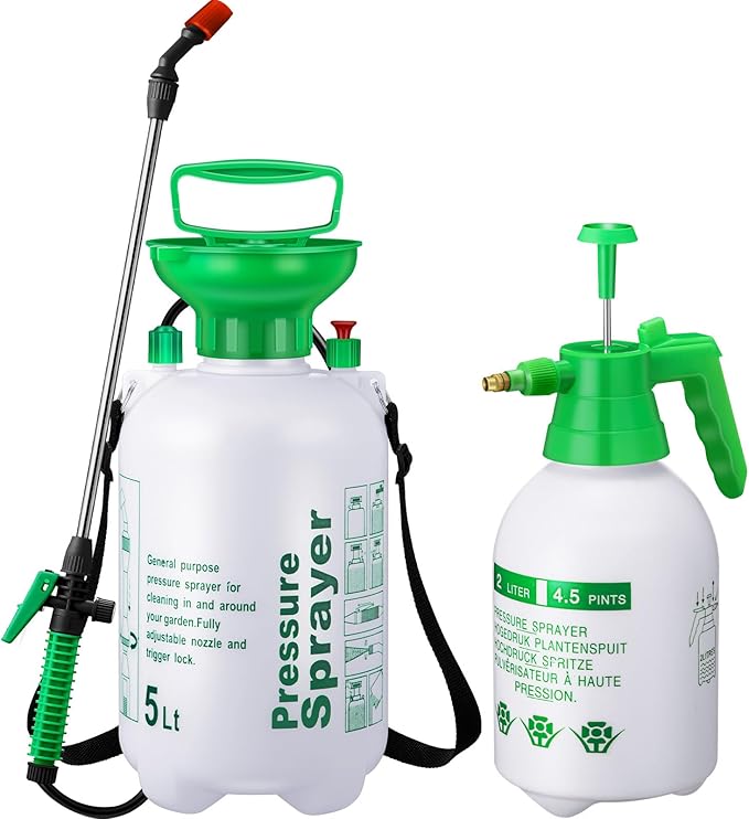 Tioncy 2 Pack 1.35 Gallon Pump Pressure Sprayer & 0.53 Gallon Handheld Garden Pump Sprayer with Adjustable Brass Nozzle Water Mist Spray Bottle for Lawn Garden Plants Weed Sprayer Cleaning Solutions