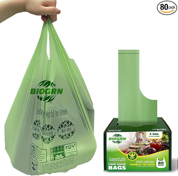 2.6-3 Gallon Compostable Trash Bags with Handles 80 Count 0.67 Mil 11.36 L Small Kitchen Wet Food Scrap Waste Compost Bag for Countertop Bin ASTM D6400 US BPI and OK Compost Home Certified
