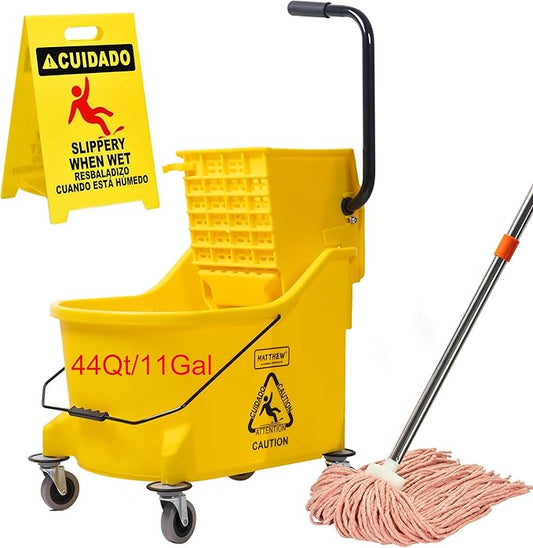 Matthew Cleaning 44Quart Commercial Mop Bucket INCL.Wet String Mop& 19'' Industrial Wet Floor Sign with Side Press Wringer On Wheels,Tandem Portable Floor Cleaning Wavebrake,Ideal for Household