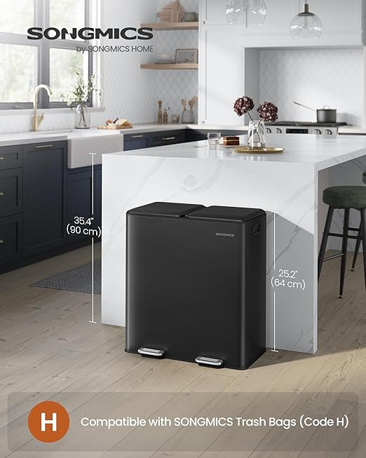 SONGMICS Trash Can, 2 x 8 Gallon (2 x 30 L) Double Garbage Can with Soft-Close Lids, Removable Inner Buckets, Pedals, Stainless Steel, for Waste and Recycling, Ink Black ULTB743B01