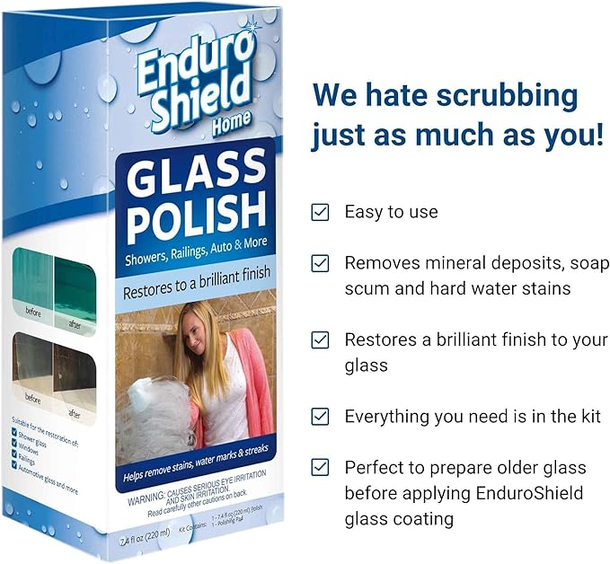 EnduroShield Shower Door Glass Polish – Water Spot Remover & Hard Water Stain Cleaner for Cloudy Shower Doors – Removes Soap Scum, Limescale & More – 7.4 fl oz