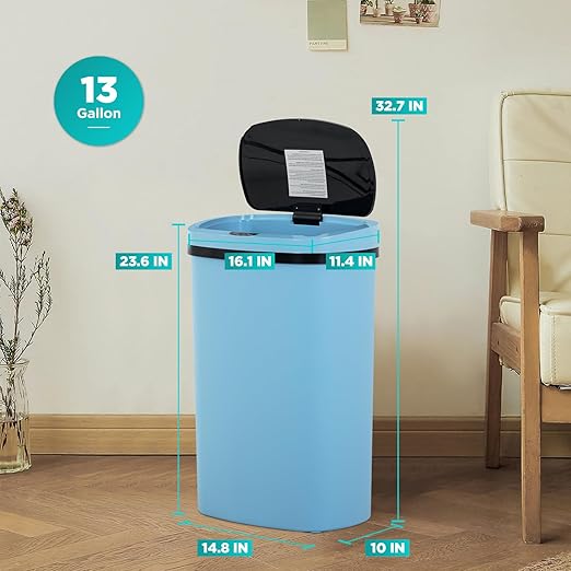 BestOffice | 13 Gallon Plastic Trash Can with Lid | Blue | Automatic Touchless Garbage Can | Odor Control | Modern Oval Design | Easy to Clean | Fits Any Kitchen, Bathroom, Office or Home