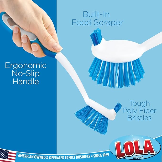 Dish Brush Scrubber for Kitchen, by LOLA, Stiff Bristles & Food Scraper, Comfort No-Slip Grip Handle, Safe for Non-Stick & Coated Cookware, 36 Pack