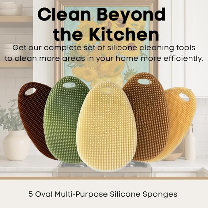 Silicone Sponge Dish Scrubber - Food Grade and Housecleaning - BPA Free Silicone Kitchen Scrubber [5 Pack Ovals Fall]