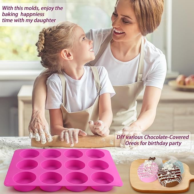 Sakolla 3 Pcs Round Chocolate Cookie Molds, 12-Cavity Cylinder Silicone Molds for Chocolate Covered Oreos, Cake, Candy, Pudding, Mini Soap (2 Rose Red+1 Blue)