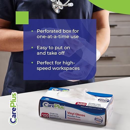 CARE PLUS Vinyl Gloves Clear Small Size 100 Count | Heavy Duty, Non-Sterile, Powder-Free, Latex-Free Rubber | Food Prep, Kitchen & Cleaning Gloves, Ideal for Professional Use