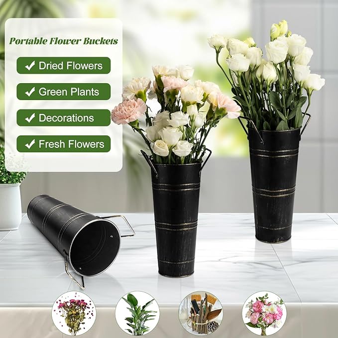 8 Pcs Galvanized Bucket Flower Bar, 9 Inch Flower Bucket and Metal Vase with Handles, Flower Bar Supplies and Buckets Farmhouse Vases for Wedding and Cut Flower (Black, 8 Pcs 9inch)