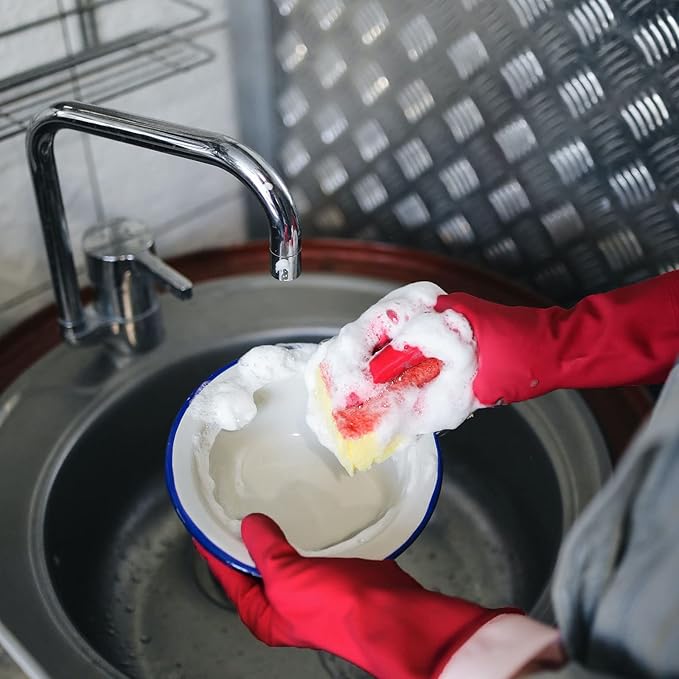 3 Pairs Rubber Cleaning Gloves Latex Free Dishwashing Gloves - 13" Reusable Nitrile Gloves Small, Green+Orange+Red