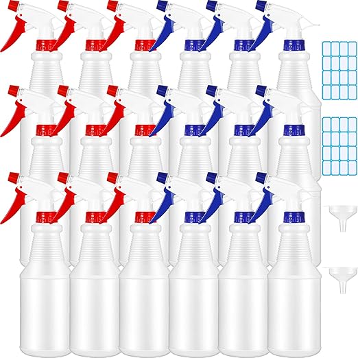 Sabary 18 Pack Spray Bottles in Bulk,16 oz Plastic Empty Clear Spray Bottles for Cleaning Solution Leak Proof Refillable with Label Funnels and Adjustable Nozzle for Home Gardening Commercial