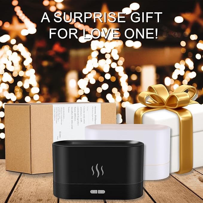 Essential Oil Diffuser, Flame Air Humidifier with Fire Led Light - 2 Rightness, 180mL Capacity (8 Hours), Auto-Off Protection Air Diffuser for Home Bedroom Office Gifts(Black)