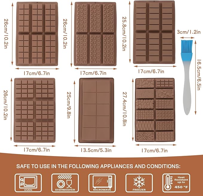 6-Piece Set Dubai Chocolate Bar Mold, Non-Stick Chocolate Molds Silicone, 100% Food Grade Silicone Candy Bar Mold, Changeable Shapes, Easy to Demould, for Pistachio Wax Melting Rectangle, with Brush*1
