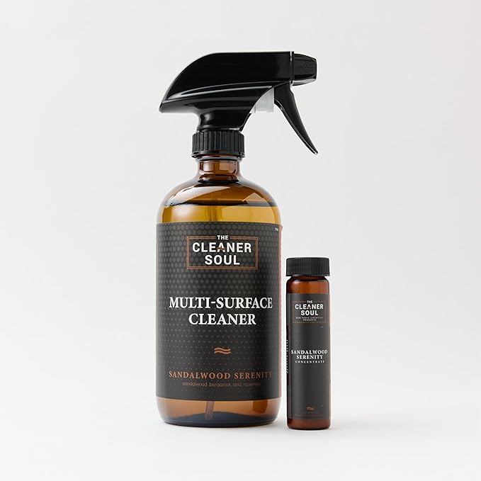 Non-Toxic Multi Purpose Cleaner, Natural Cleaning Spray, Lux Refillable Glass Bottle, Essential Oil Fragrance, Safe for All Surfaces, Safe for Animals, Pets, Safe for Humans (Sandalwood Serenity)
