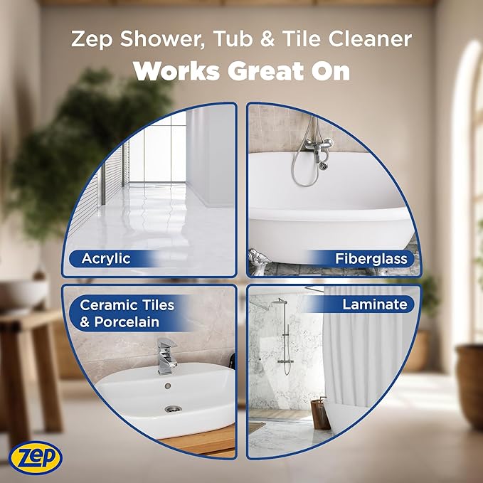 Zep Shower, Tub and Tile Cleaner - 1 Gallon (Case of 4) ZUSTT128 - No Scrub Pro Formula with Acid, Breaks Up Tough Buildup on Contact, Revealing Squeaky Clean Results