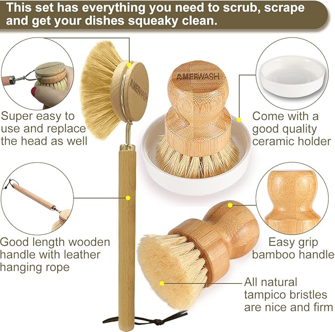 Wooden Dish Brush Set Clean Pots, Pans and Vegetable, Natural Bristles Bamboo Scrub Brushes with Ceramic Dish - 1 Long Handle Dish Brush + 2 Palm Scrubbing Brush