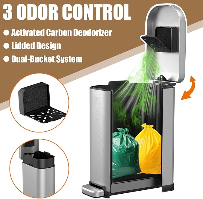 Dog Poop Trash Can Outside with Odor Control Lid & Step Pedal, 3.2Gal Stainless Steel Outdoor Trash Can, Waterproof Dog Waste Container Station - Includes Carbon Filters & Paw Stickers