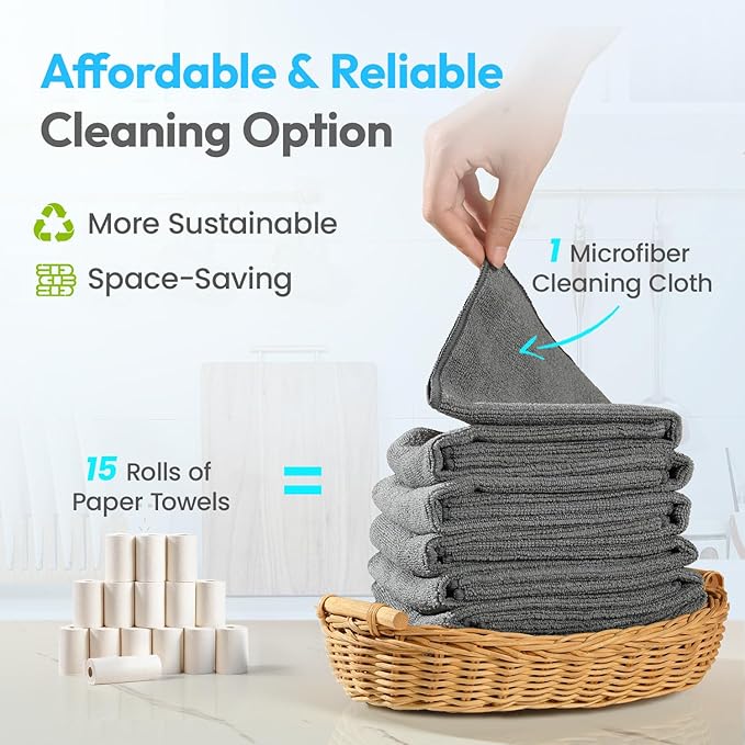 Microfiber Cleaning Cloths 12”x12” 12Pack Grey Lint Free Kitchen Cloths - Extra Thick, Streak-Free, Lint-Free, Fast Absorbent - Reusable Multi-Purpose Housekeeping Rags for Cars, Dishes, Floors, Tiles