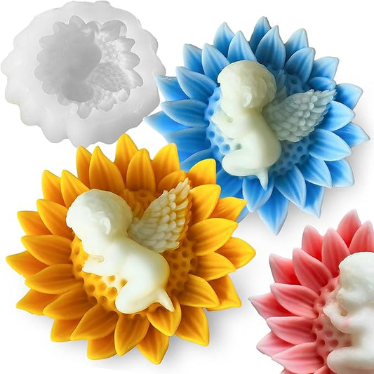 3D Flower Silicone Candle Soap Molds, Angle Baby Sunflower Shape Fondant Chocolate Cake Decoration Mold, Epoxy Resin Casting Wax Concrete Polymer Clay Mold for Craft Baby Shower Wedding Decor