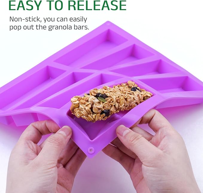 8 Cavity Granola Bar Molds, 2 Pack Rectangle Silicone Chocolate Candy Bar Molds for Baking Cereal Energy Bar, Protein Bar, Brownie, Cheesecake