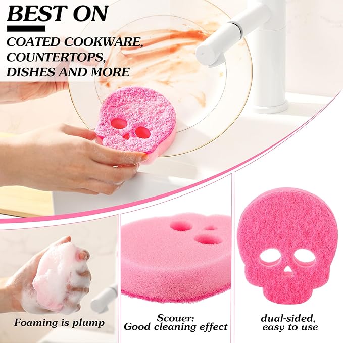 Tioncy 12 Pack Skull Kitchen Sponges Bulk Dual Sided Scrubber Pink Sponges Dishwashing Skull Kitchen Accessories Dish Scouring Black, White