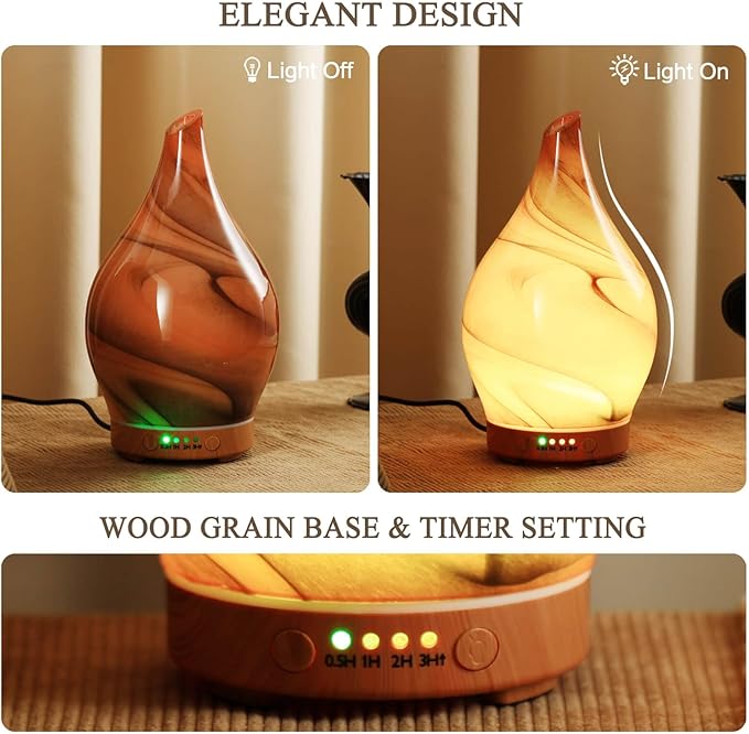 Porseme 150ml Essential Oil Diffuser Glass Color Changing Aroma Air Diffusers Aromatherapy Ultrasonic Cool Mist Humidifier 6 Running Hours Waterless Auto-Off for Sleeping Yoga (Reddish Brown)