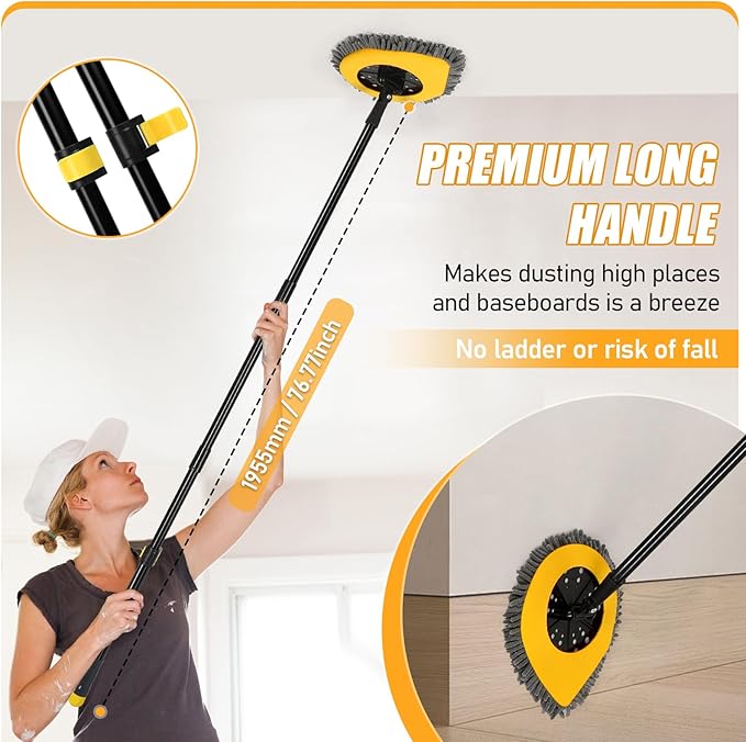 Wall Cleaner Mop with Long Handle, Wall Duster for Walls Baseboards Ceilings Floor Cleaning,Telescoping Ceiling Mops with Washable Mop Pads,Yellow