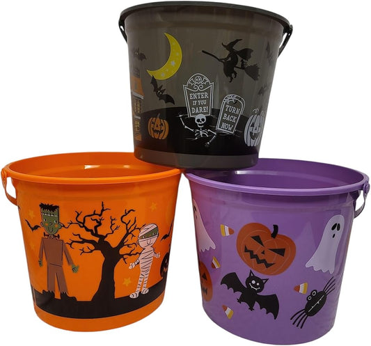 Halloween Trick or Treat Buckets, Set of 3, Orange Purple Black, Spooky Monster Design