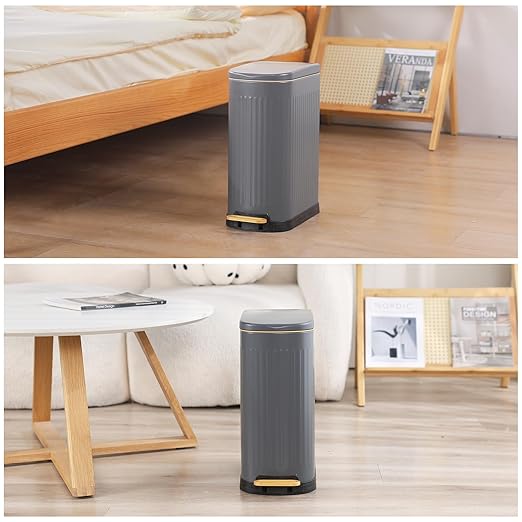 Slim Bathroom Trash Can with Soft Close Lid Stainless Steel Garbage Can Step Trash Bin with Removable Inner Bucket for Bedroom, Office, Kitchen (Matt Grey, 3.5 Gallons)