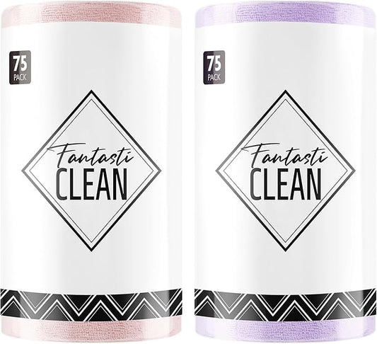 Fantasticlean Microfiber Cleaning Cloth Roll -150 Pack, Tear Away Microfiber Towels, 12" x 12", Reusable, Washable, Ultra Absorbent Dishcloth for Home Supplies, Car, Pet, Kitchen (Pink & Lavender)
