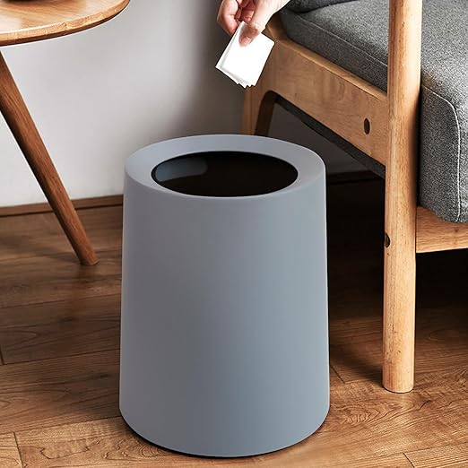 2 Pack Round Modern Trash Can Bedroom, 3Gal/12L Bathroom Trash Can Hidden Bag, Open Top Trash Bin Round Plastic, Minimalist Grey Garbage Can with Inner Bucket (with 2 Handles) for Kitchen Office