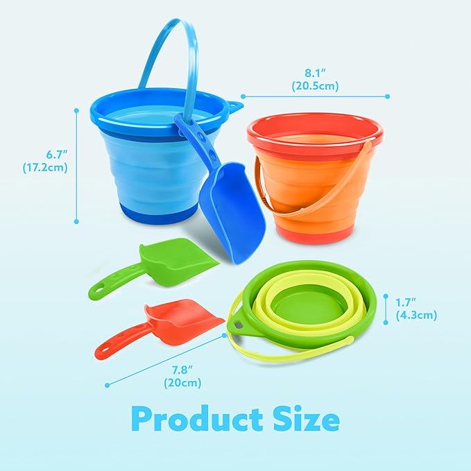 JOYIN 3 Packs Foldable Pail Bucket with Shovels & Mesh Bag, Collapsible Buckets Multi Purpose for Beach, Camping Gear, Beach Party, Fishing, and Fun Summer Activities (Orange/Blue/Green)