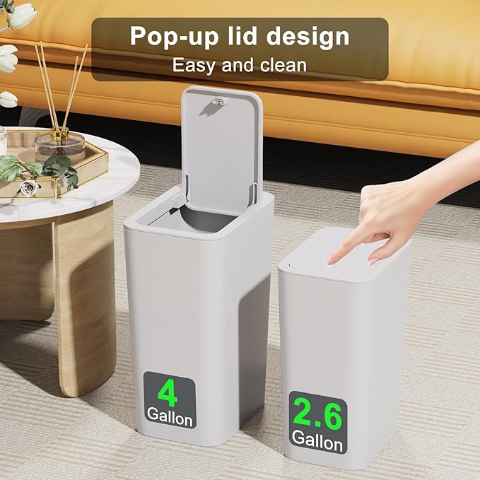 N. NETDOT 3 Pack (2 of 4 Gal & 1 of 2.6 Gal) Small Trash Can with Lid,Bathroom Garbage Can with Pop-Up Lid,Waste Basket for Bathroom,Kitchen,Bedroom,Powder Room,Craft Room,Office,College (Off White)