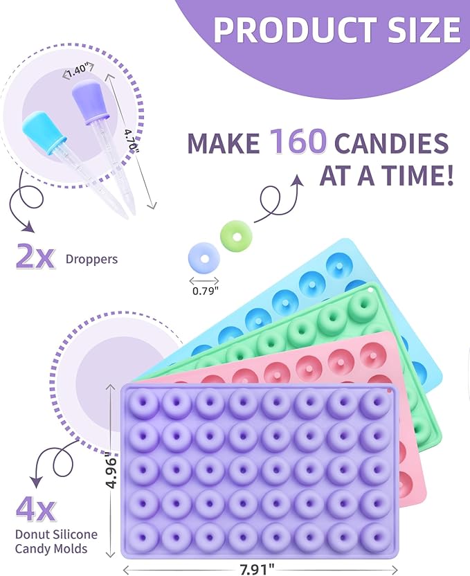 Donut Silicone Candy Molds with 2 Droppers, 4 Packs Mini Donut Pan Mold Gummy Mold, 40-Cavities Non-Stick Food Grade Mold for Hard Candies, Chocolate, Ice Cube, Jelly