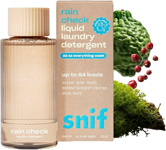 Snif Rain Check Laundry Detergent, Clean and Crisp Scent, 64 Loads, Non-Irritating to Skin, Clean, Non-Toxic, Vegan, Cruelty Free, 32oz