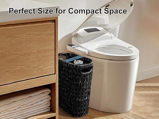 5 Gallon Wicker Trash Can,Black Bathroom Trash Can,Wicker Trash Basket with Handles,Handwoven Small Waste Basket for Bathroom,Bedroom,Kitchen,Office,20 Liters