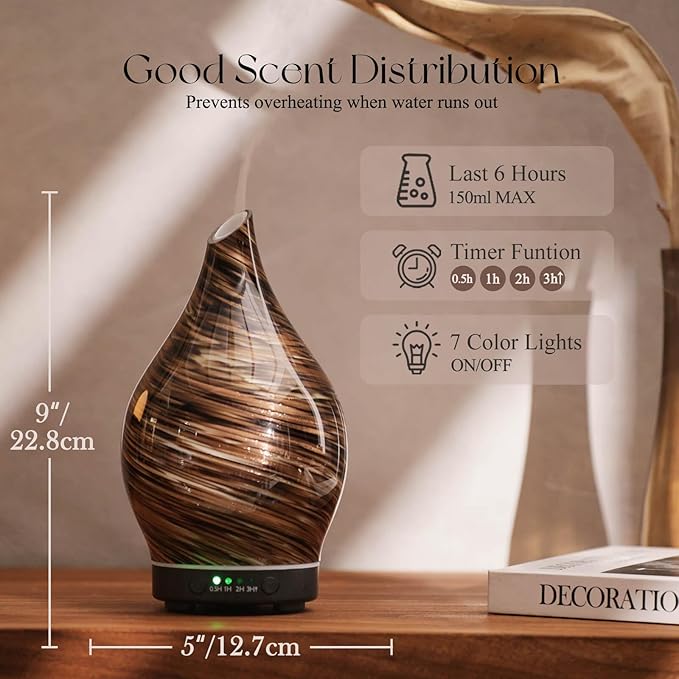 Porseme 150ml Essential Oil Diffuser Glass Color Changing Aroma Air Diffusers Aromatherapy Ultrasonic Cool Mist Humidifier 6 Running Hours Waterless Auto-Off for Sleeping Yoga Office Spa (Dark Golden)