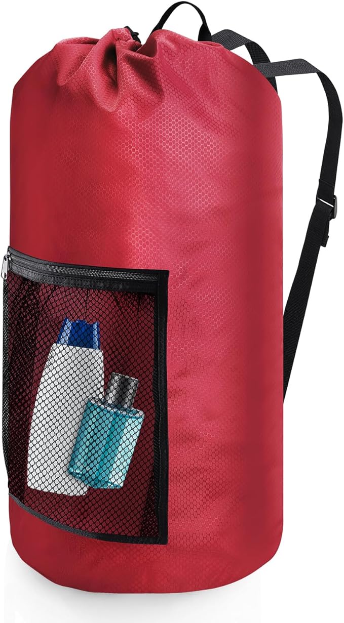 Portable Laundry Bag Backpack with Adjustable Straps, Drawstring Closure & Mesh Pocket - Perfect for College, Apartments, Camping (Red)