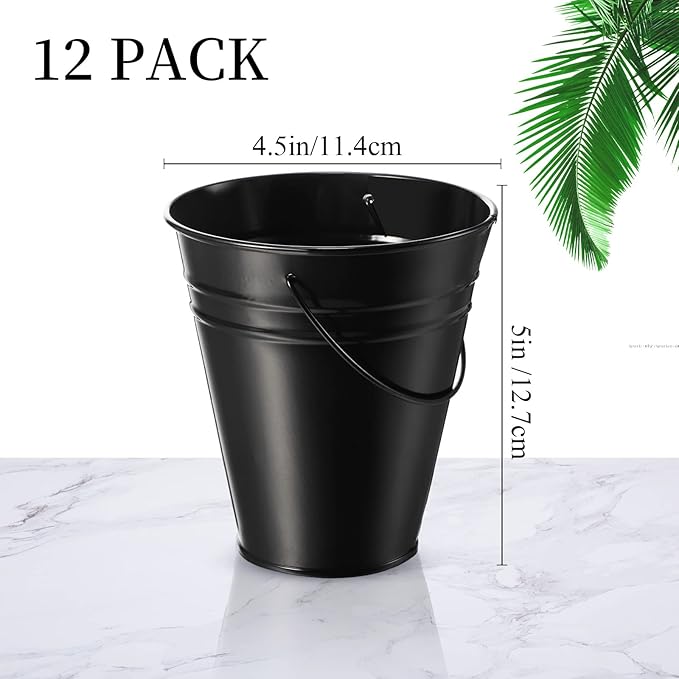 Sadnyy 12 Pack Metal Buckets with Handle, Galvanized Bucket 4.5 x 5 Inch Basket Bucket Party Supplies, Crafts for Christmas Halloween Candy Bars Vase Crafts(Black)
