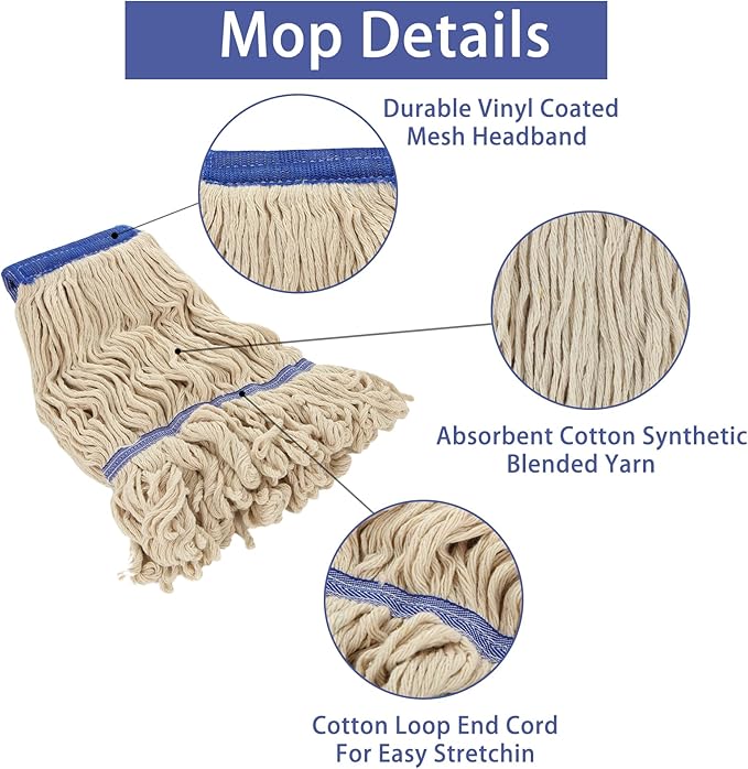 6 Pcs Mop Head Replacement Commercial Heavy Duty Mop Head for Floor Cleaning Wet Industrial White Cotton Loop-End String Wet Mop Head for Home, Industrial Cleaning