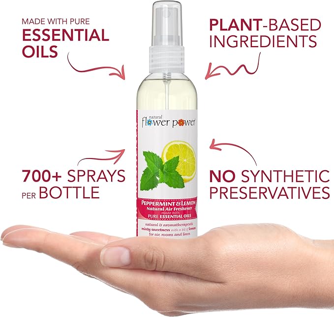 Natural Flower Power Air Freshener Spray - Odor Eliminator with Essential Oils for the Home, Car & Fabric - Cruelty Free & Vegan - Peppermint & Lemon - 3 x 4 oz