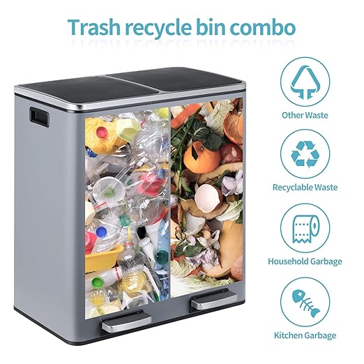 16 Gallon Rectangular Stainless Steel Trash Can, Dual Compartment Garbage Bin with Recycling Combo, Metal Dustbin Lid, Removable Liner, Indoor Hands Free Waste Bucket for Kitchen Home