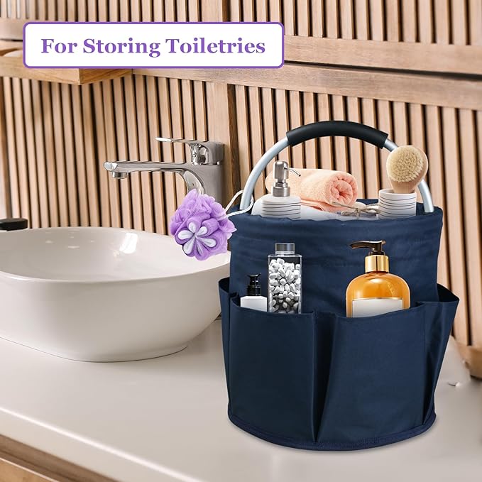 17L Bucket Tool Organizer with 6 Side Pockets, 2Pcs Collapsible Cleaning Caddy with Handle, Folding Gardening Tool Bag, Multifunctional Storage Basket for Garden, Bathroom, Black + Navy Blue
