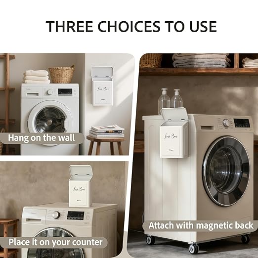 Sealegend Magnetic Lint Bin for Laundry Room with Dryer Lint Brush, Wall Mounted Metal Trash Can with Lid for Dryer, Space-Saving Laundry Organization and Storage, White