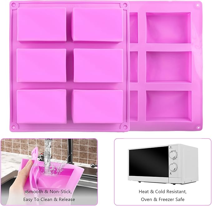 10 Pack Silicone Soap Molds, 6 Cavities Rectangle Silicone Soap Mold, Great for Homemade Craft Soap Bar Mold, DIY Chocolate Molds, Cake Molds & Ice Cube Trays - Just Pop Out (Purple)