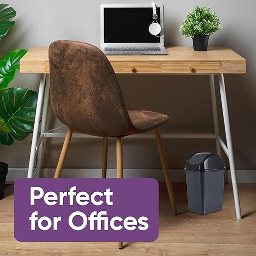 Superio Small 2.5 Gallon Plastic Trash Can with Swing Top Lid, Compact, Slim Waste Bin for Under Desk, Office, Bedroom, Bathroom, Dorm Room, 10 Qt. Portable Garbage Can (Dark Gray, 2