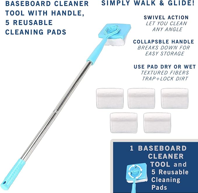 Baseboard Cleaner Tool with Handle [in Stock US], 5 Reusable Cleaning Pads by KnUVSA, Retractable Handle, Used for Bathroom Microfiber Cleaning, Molding Cleaner Tool, 6 Piece Set