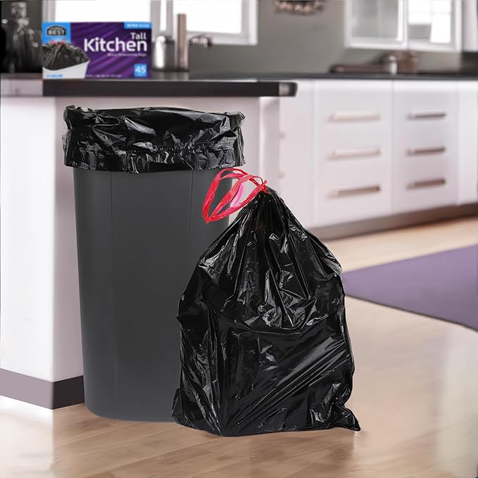 Heavy-Duty 1 Mil 13 Gallon Black Trash Bags (45 Count) - Drawstring, Leak-Resistant for Home & Commercial Use